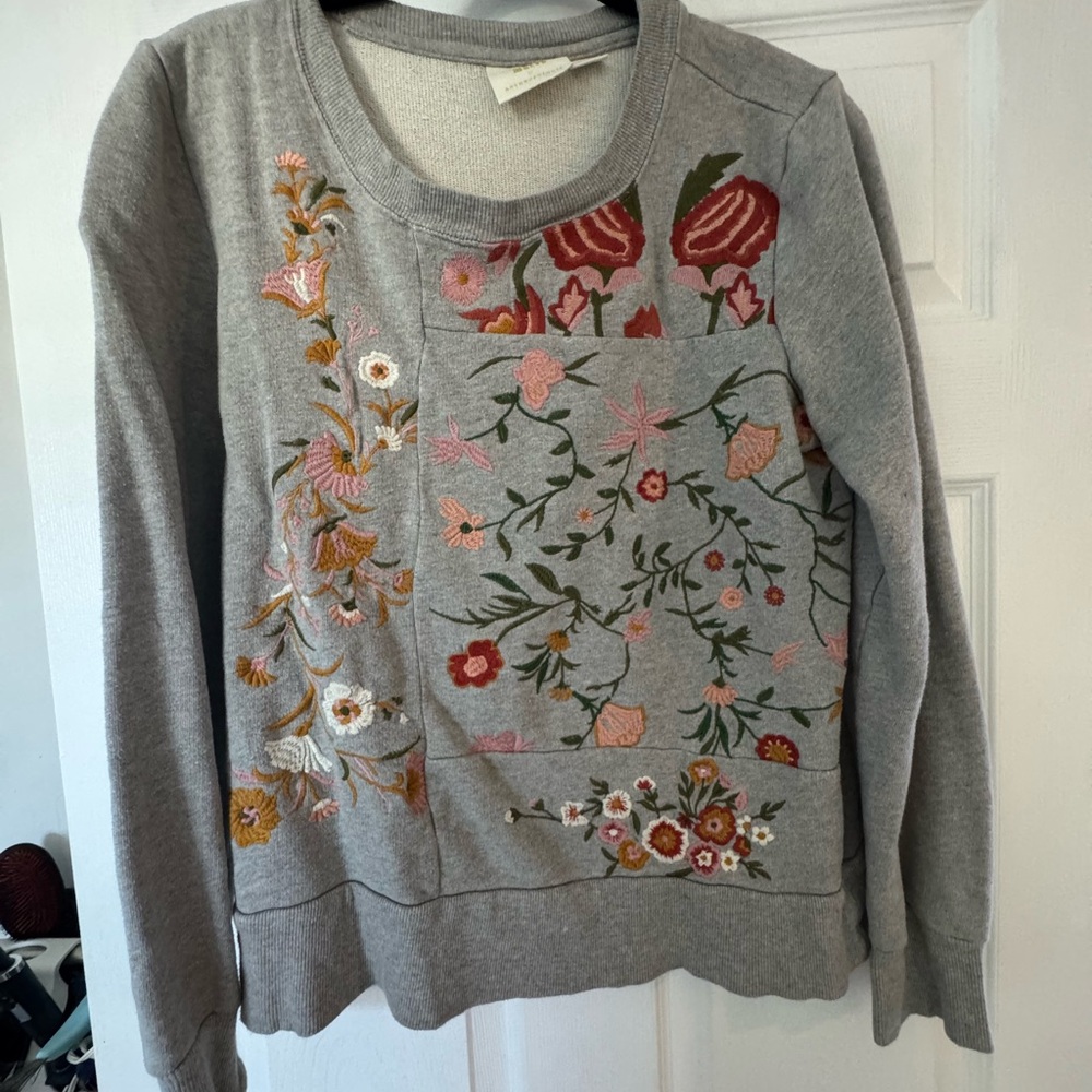 Anthropologie Gray Embroidered Floral Crewneck Sweater - Picture 2 of 4